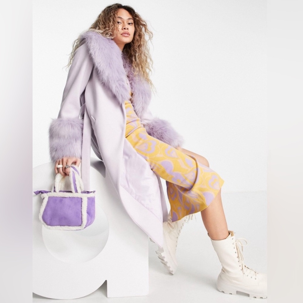 Top Shop Lavendar/Lilac fur trim coat